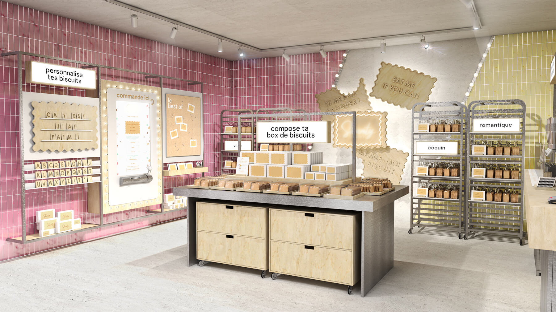 Vue d'ensemble du design retail de la boutique The Biscuit Machine avec son architecture commerciale, ses expériences sensorielles et digitales
