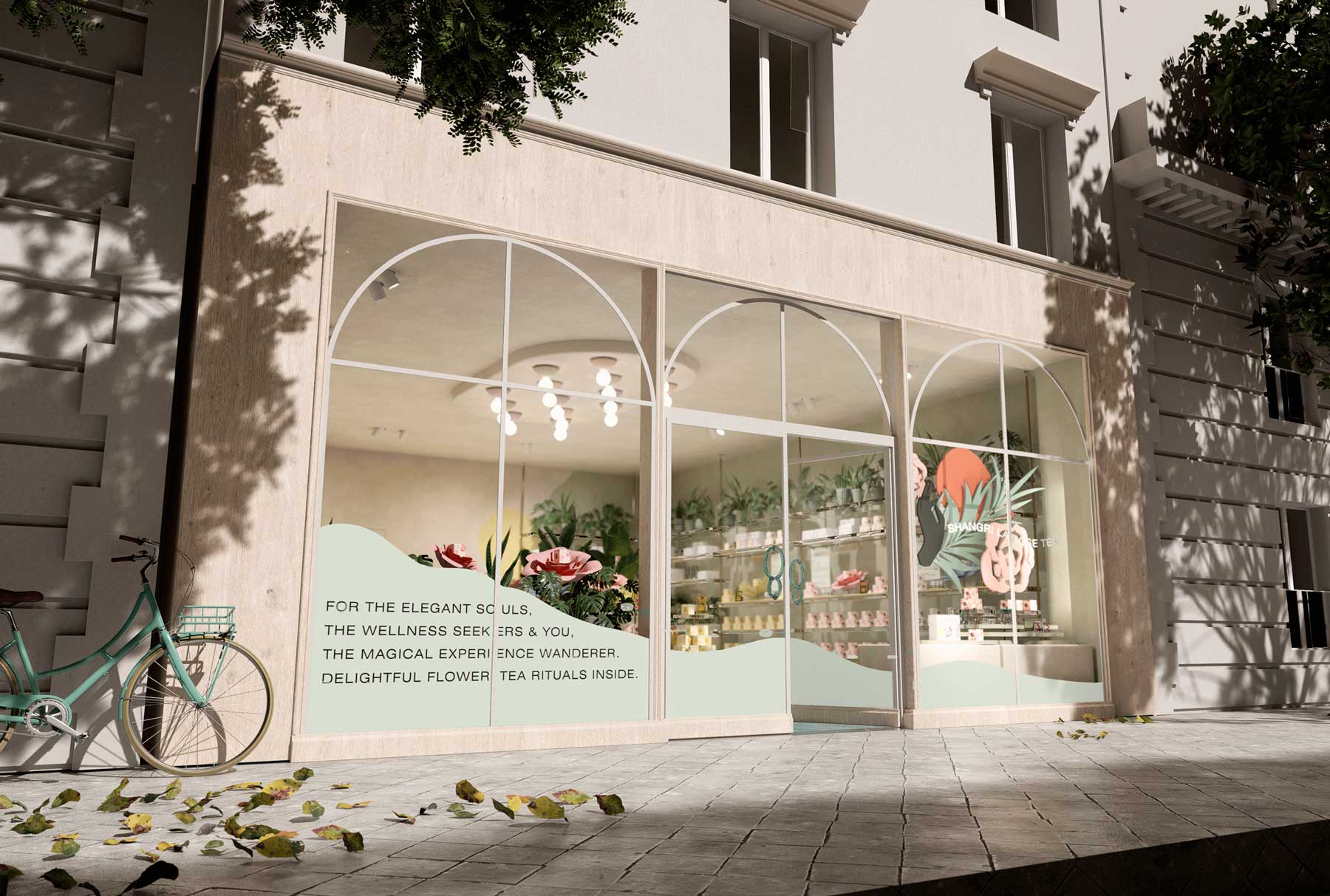 Facade et vitrine de la boutique de thé contemporaine et poétique