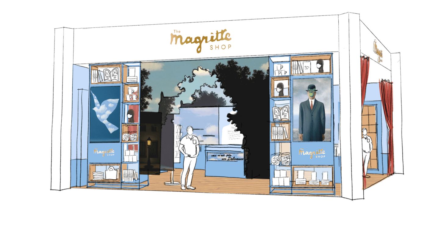 Croquis par Studio Raphaelle de la nouvelle facade du Magritte Shop travel retail à Bruxelles